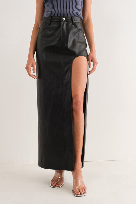 Shego High Slit Leather Maxi Skirt