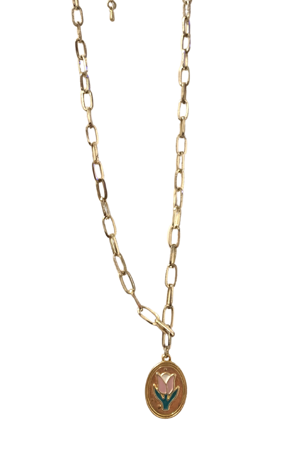 Gold Chain Necklace w/ Painted Floral Pendant