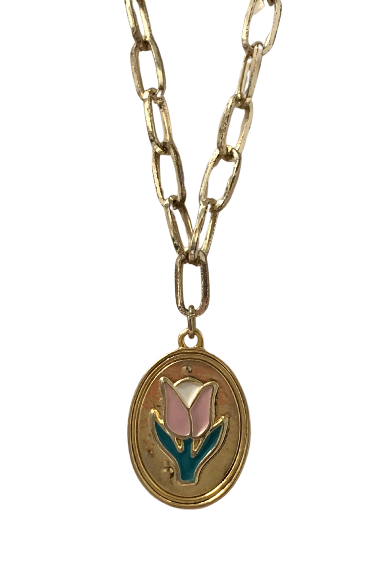 Gold Chain Necklace w/ Painted Floral Pendant