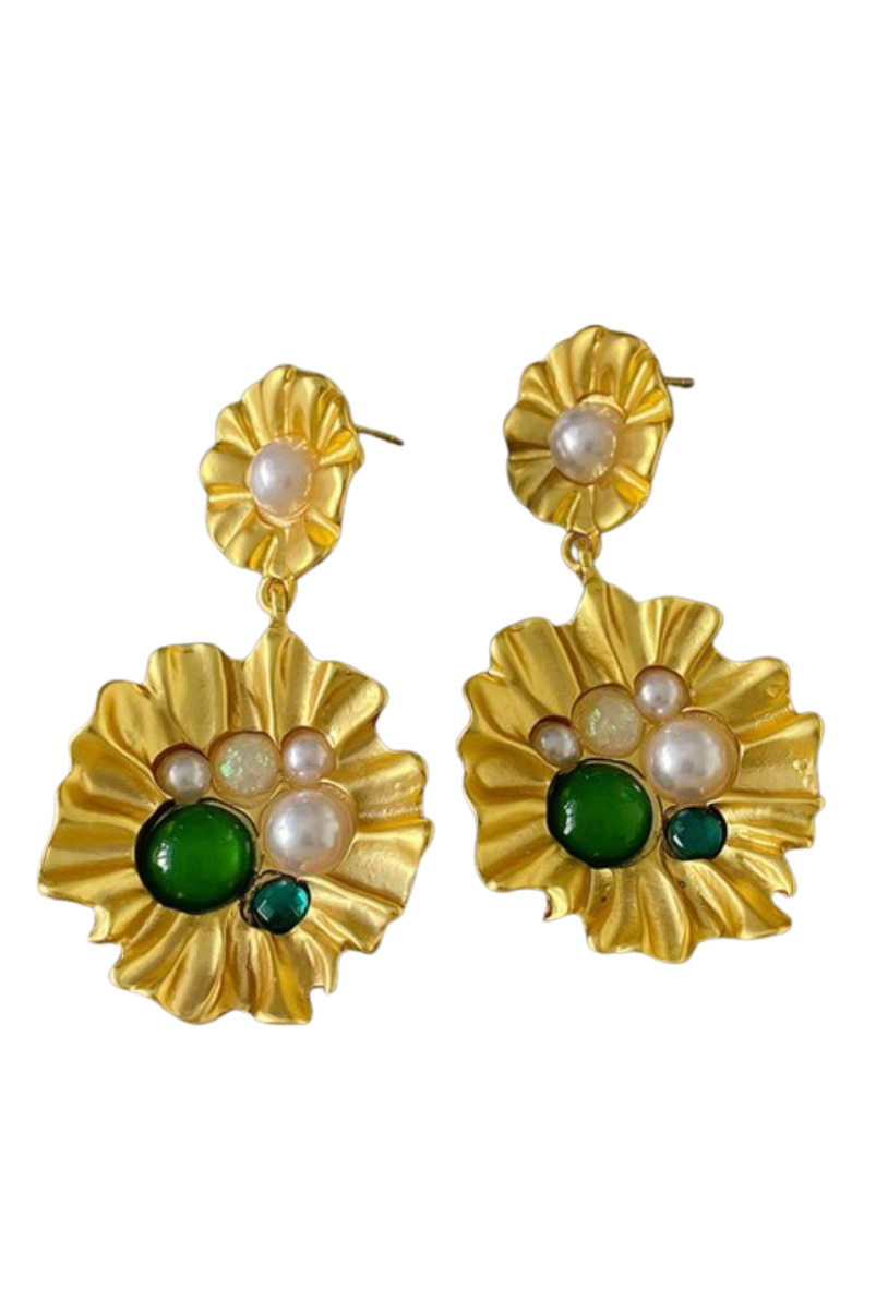 Green, Gold, & Pearl Statement Earring