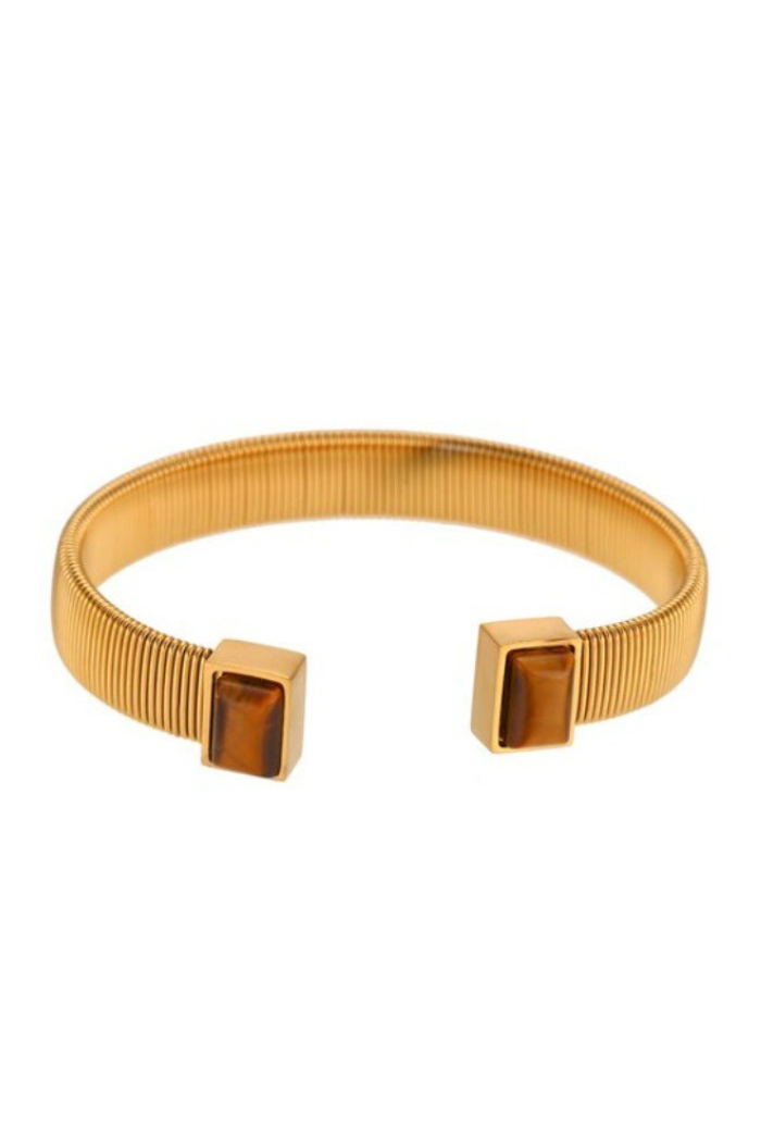 Gold Natural Stone Striped Open Bracelet