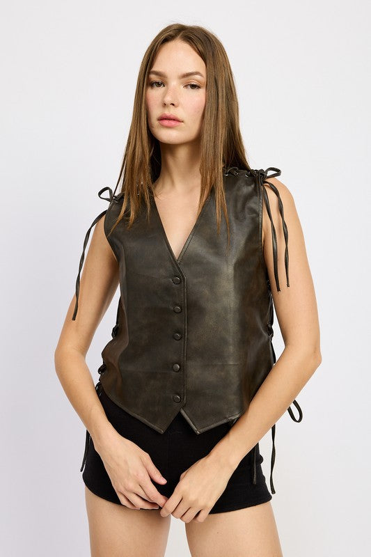 LEATHER VEST WITH LACE DETAIL